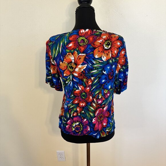 Vtg Floral Short Sleeve Blouse Womens Medium Multicolor 1990s Tropical Floral - Picture 4 of 6